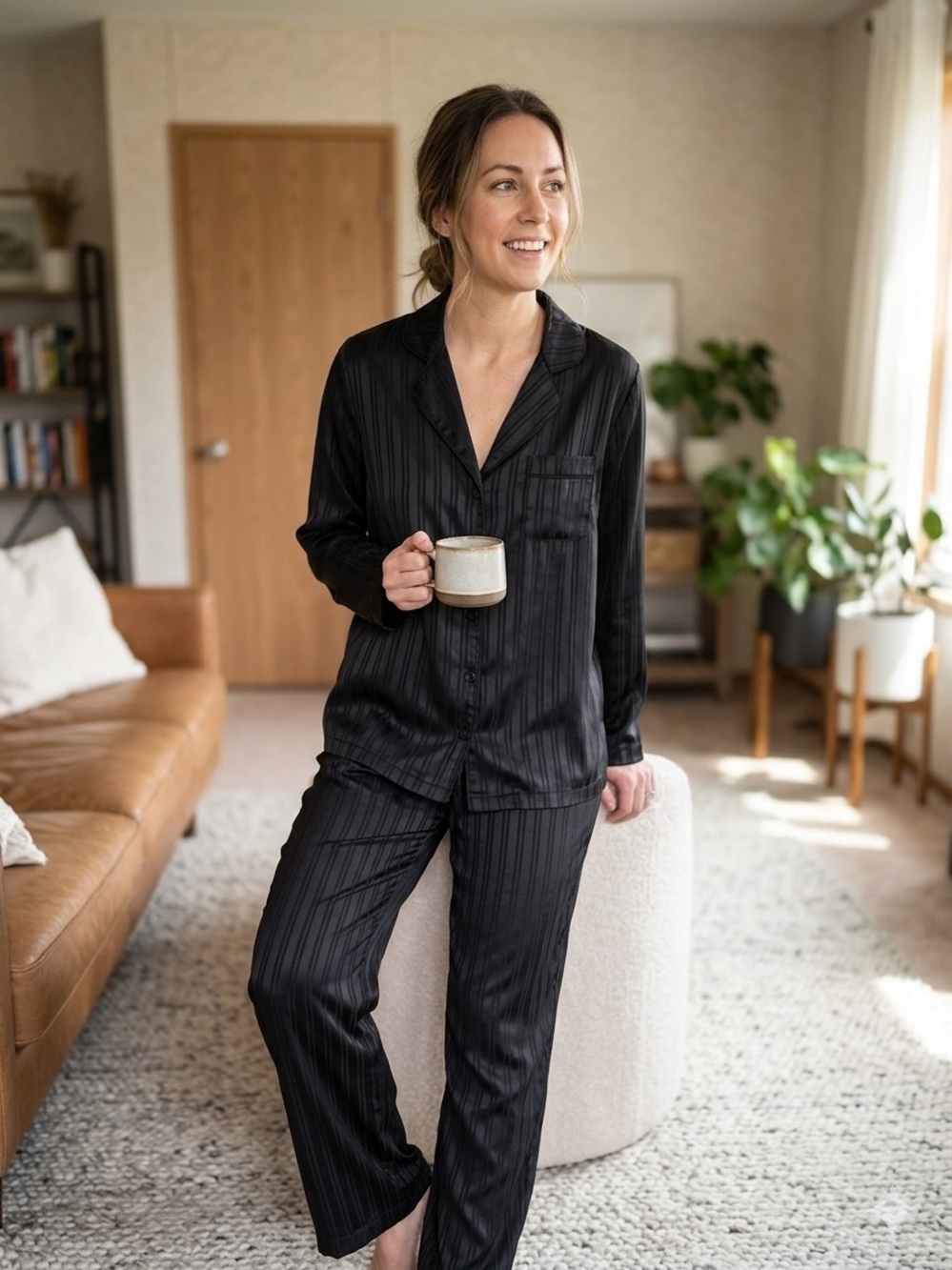 Tahari Black Satin-Stripe Two-Piece Pajama Set Size M